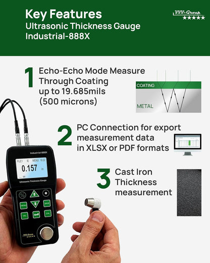 Medidor de espesor ultrasónico Industrial-888X – Eco-Echo Through Coating hasta 19,7 mils (500 μm), Pulse-Echo para hierro fundido, Exportación de datos de PC, Medidor de espesor NDT 0.039–19.685 in. VVV-Group