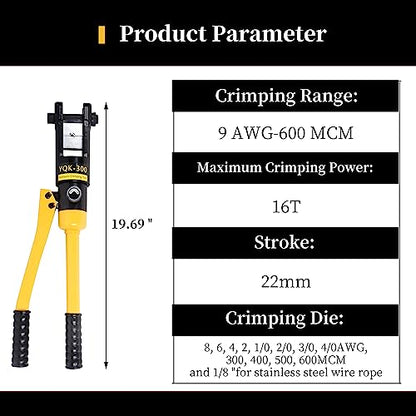 Herramienta de prensado hidráulica de 16 toneladas, gama de 9 AWG-600 MCM herramienta de prensado de barandilla de cable de 2,2 cm de carrera con 13 pares de juegos de troqueles para bricolaje, reparación automática