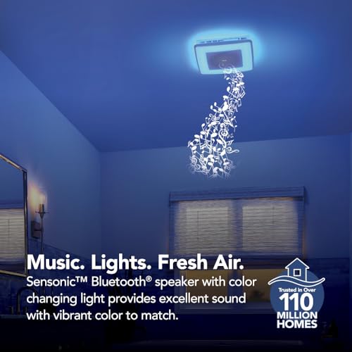 Broan-NuTone ChromaComfort SPK110RGBL - Extractor de baño con altavoz Bluetooth, potente 110CFM/1.5 Sones, luz LED de 24 colores, SPK110RGBL, interruptor de pared