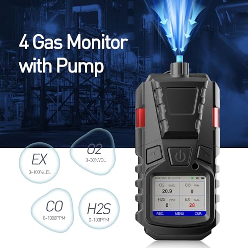Detector de gas con bomba, 4 monitores de gas, detector de gas múltiple CO EX O2 H2S, monitor recargable de 4 gases de 3000 mAh con kit de calibración, pantalla LCD portátil con clip detector de gas FS11301