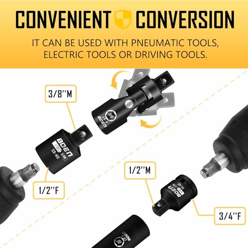 BOEN Juego de adaptador y reductor de llaves de impacto de 10 piezas, SAE estándar de 1/4 pulgadas 3/8 pulgadas 1/2 pulgadas 3/4 pulgadas, kit de conversión de llave y destornillador de acero CR-MO
