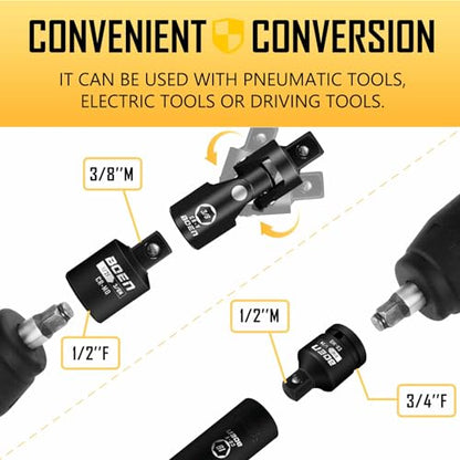 BOEN Juego de adaptador y reductor de llaves de impacto de 10 piezas, SAE estándar de 1/4 pulgadas 3/8 pulgadas 1/2 pulgadas 3/4 pulgadas, kit de conversión de llave y destornillador de acero CR-MO