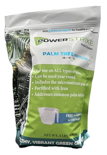 Fertilizante de palmera Power Strike (4 libras) con cuchara de medición gratuita. Fortificado con hierro (Fe). Formulado para abordar las deficiencias comunes de la palma. Incluye micronutrientes 93330