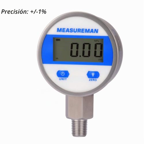 MEASUREMAN Medidor de presión industrial digital de 2-1/2" con esfera, con montaje inferior de 1/4" NPT, carcasa y conexión de acero inoxidable, 0-100 psi/bar, 1%, alimentado por batería, con luz LED MA154