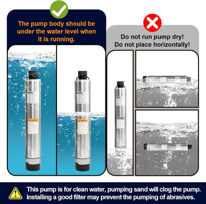WASSERMANN Bomba séptica de 4 pulgadas con efluente sumergible/bomba de succión inferior de cisterna con cable de 33 pies, 1/2HP, 115V/60HZ, 26GPM, cabeza de 138 pies, bomba de pozo profundo de acero