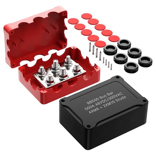Joinfworld Bloque de distribución de energía impermeable de barra de bus de 500 A resistente al agua con 4* 5/16 "(M8)+2* 3/8 "(M10) Studs 48V DC Bloque de distribución de terminales de batería marina