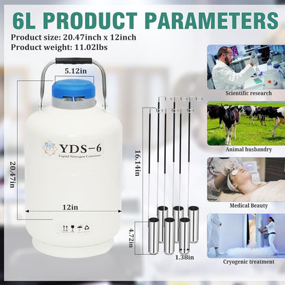 Magula Contenedor de nitrógeno líquido de 6L Contenedor criogénico (LN2) Aleación de aluminio Nitrógeno líquido Dewar Contenedor criogénico estático Contenedor de nitrógeno líquido con 6 recipientes