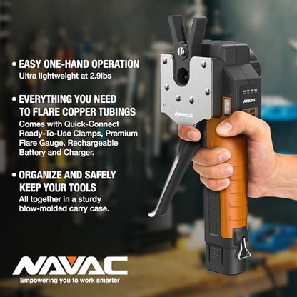 NAVAC NEF6LM Herramienta de abocinación eléctrica BreakFree, herramienta de llamarada para tubería de cobre, diámetro exterior máximo de 3/4 pulgadas, troqueles y medidor de llamarada, batería de