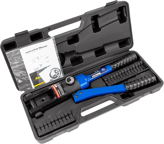 AMZCNC Crimpadora de cable hidráulico azul de 16 toneladas para cable de batería, herramienta de prensado de terminales de terminal con troqueles de cable estándar de EE. UU., engarzados de 6 AWG a