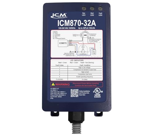Aire acondicionado Soft Start ICM Controls 870-32A arranque suave, condensador de arranque integrado, monitoreo de sobre/bajo voltaje, protección contra sobrecorriente, arranque de motor de A/C. Fabricado en Estados Unidos. Listado UL.