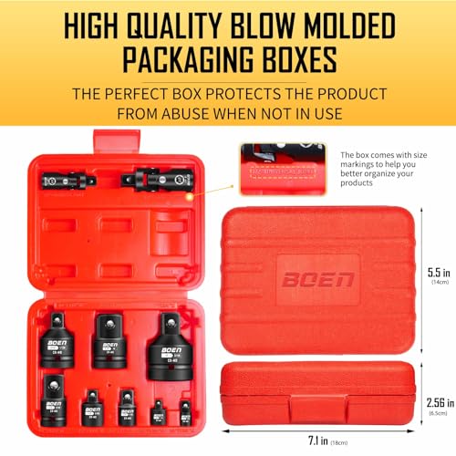 BOEN Juego de adaptador y reductor de llaves de impacto de 10 piezas, SAE estándar de 1/4 pulgadas 3/8 pulgadas 1/2 pulgadas 3/4 pulgadas, kit de conversión de llave y destornillador de acero CR-MO