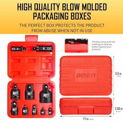 BOEN Juego de adaptador y reductor de llaves de impacto de 10 piezas, SAE estándar de 1/4 pulgadas 3/8 pulgadas 1/2 pulgadas 3/4 pulgadas, kit de conversión de llave y destornillador de acero CR-MO