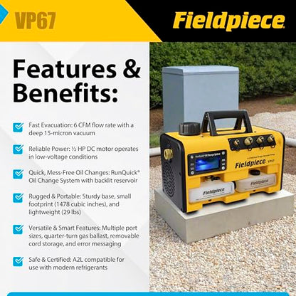 Fieldpiece Bomba de vacío VP67 – 6 CFM, motor CC de 1/2 HP, sistema de cambio de aceite RunQuick – Portátil – Herramienta profesional HVAC – Compatible con A2L