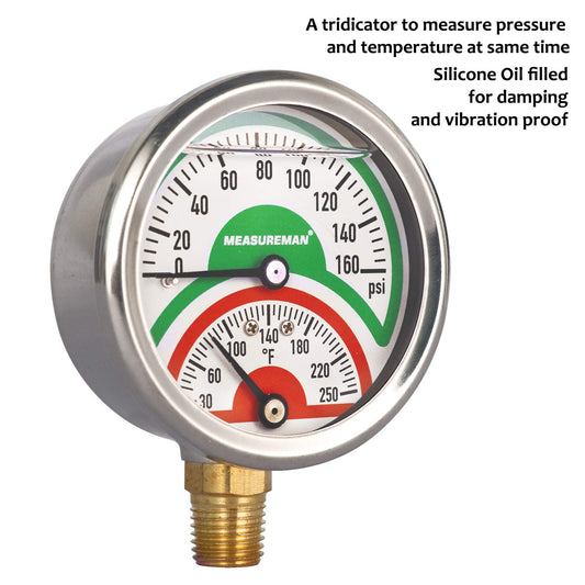 Measureman Tridicador, termo-manómetro, 2-1/2 pulgadas, relleno de aceite de silicona, 0-160 psi/30-250 grados F, caja de acero inoxidable, medidor de presión de montaje inferior NPT de 1/4 pulgadas