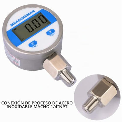 MEASUREMAN Medidor de presión industrial digital de 2-1/2" con esfera, con montaje inferior de 1/4" NPT, carcasa y conexión de acero inoxidable, 0-100 psi/bar, 1%, alimentado por batería, con luz LED MA154