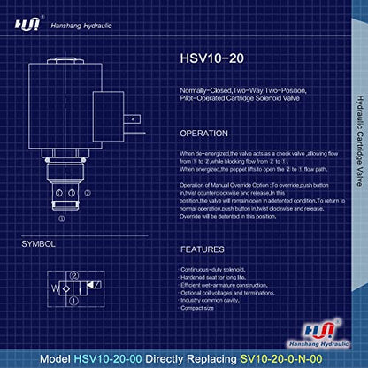 Válvula de cartucho de solenoide, válvula electromagnética hidráulica de dos posiciones normalmente cerrada Reemplazo comparable a Hydraforce SV10-20-0-N-00 (HSV10-20-00)