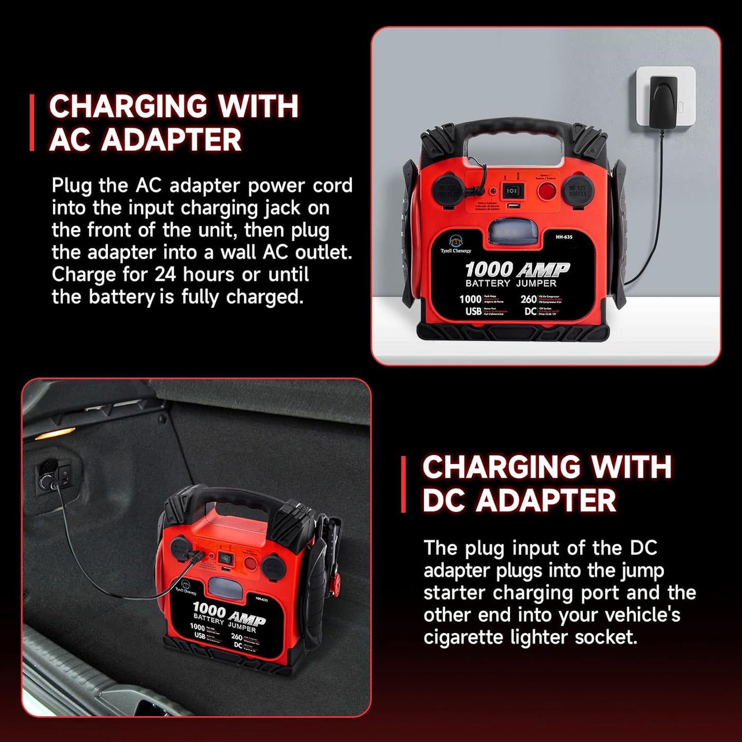 Arrancador de batería 12V/24V de 1800/900 amperios, paquete de refuerzo de batería de camión y cables de puente comerciales, incluye alimentación DC/USB para cargar teléfonos y tabletas, abrazaderas de batería de caja de salto