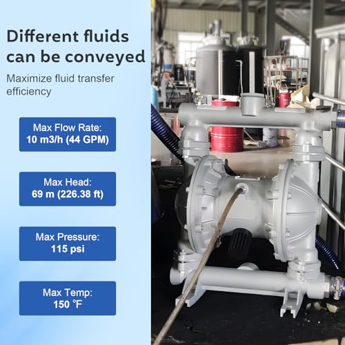 Air Operated Double Diaphragm Pump 1-1/2 inch Inlet & Outlet, 44GPM, Max 115PSI Air Waste Oil Pneumatic Transfer Pump with 2 Extra Diaphragms, for laboratory dosing, diesel fuel transfer #147144