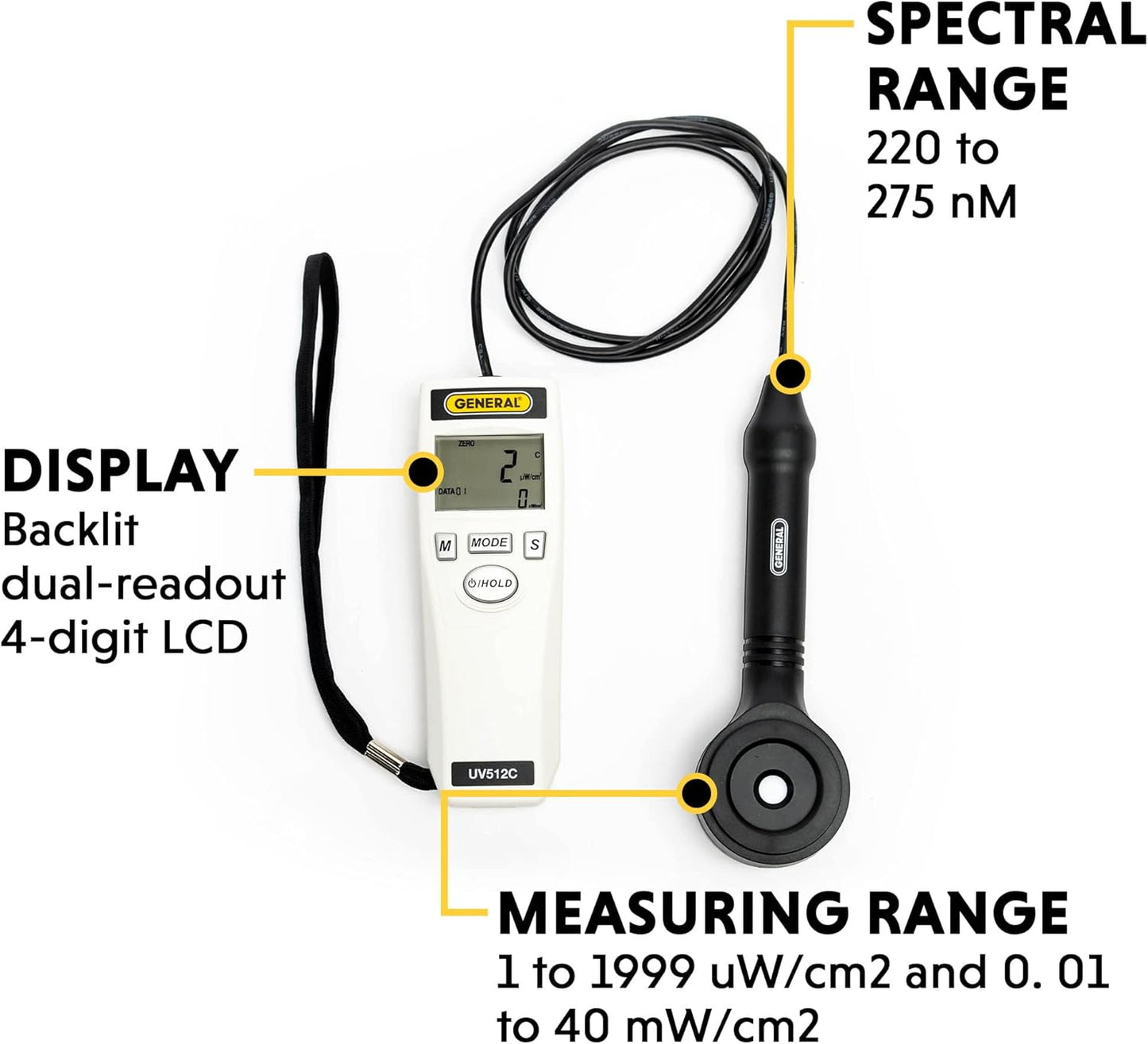 General Tools Medidor de luz ultravioleta UVC digital UV512C, 220 a 270 nM