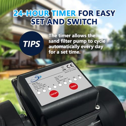BlueBay Bomba de filtro de arena de 13 pulgadas, 1/3 HP 1850 GPH con temporizador, válvula de 7 vías y cesta coladora para piscinas sobre el suelo de hasta 8000 galones, fácil instalación, gris