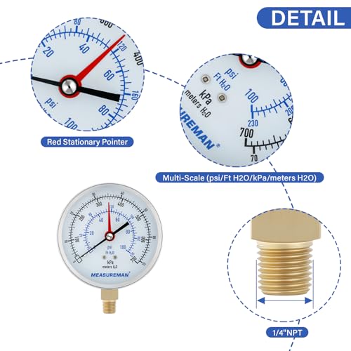 Measureman Kit de prueba de presión y temperatura, 0-100 psi/ft H2O/kPa/metros H2O, -65 °F a 220 °F y -40 °F a 140 °C, parte inferior NPT de 1/4 pulgadas con adaptador de calibre
