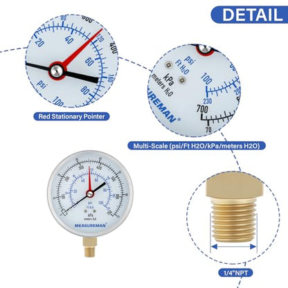 Measureman Kit de prueba de presión y temperatura, 0-100 psi/ft H2O/kPa/metros H2O, -65 °F a 220 °F y -40 °F a 140 °C, parte inferior NPT de 1/4 pulgadas con adaptador de calibre