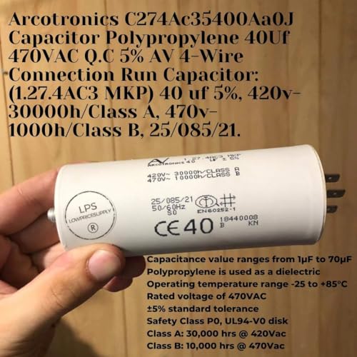 Arcotronics C274Ac35400Aa0J Condensador de polipropileno 40Uf 470VAC Q.C 5% AV Condensador de conexión de 4 hilos: (1.27.4AC3 MKP) 40 uf 5%, 420v-30000h/clase A, 470v-1000h/clase B, 25/085/2 34 ES