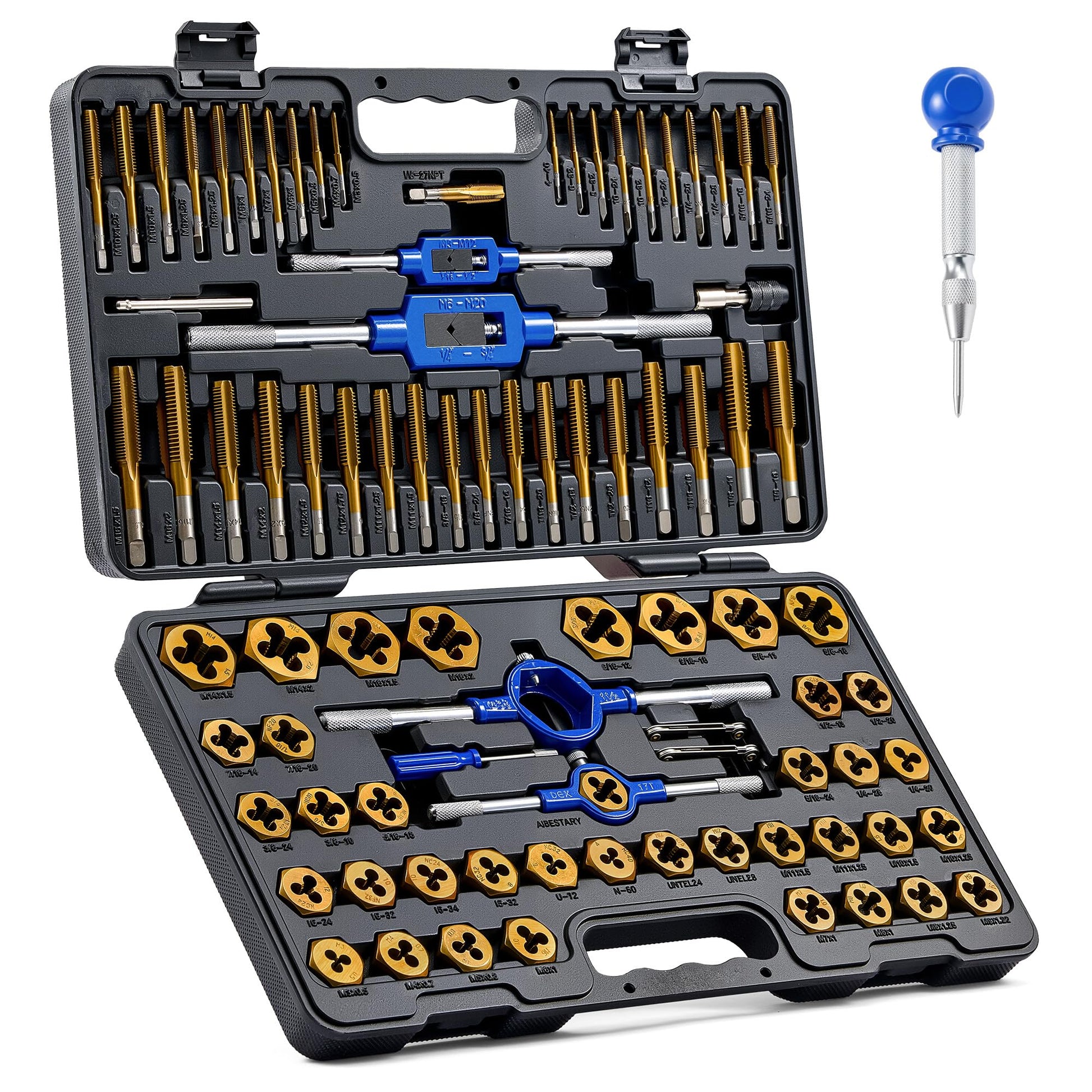 Orion Motor Tech 86 piezas, juego de tarrajas y machuelos en SAE y métrico, juego de tarrajas de acero con revestimiento de titanio y juego de herramientas de machuelo para mecánicos de hogares