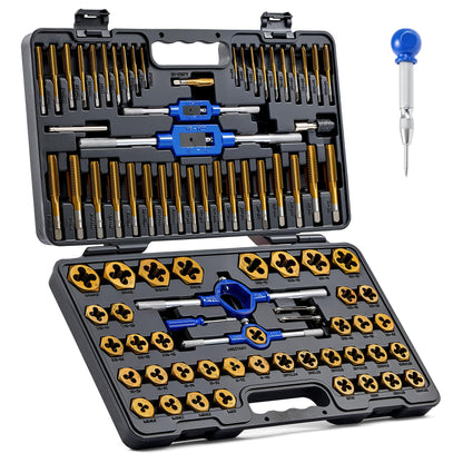 Orion Motor Tech 86 piezas, juego de tarrajas y machuelos en SAE y métrico, juego de tarrajas de acero con revestimiento de titanio y juego de herramientas de machuelo para mecánicos de hogares