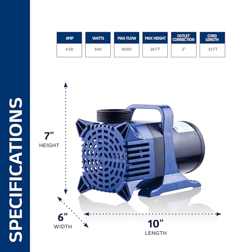 Alpine Corporation Bomba de agua sumergible de 8000 GPH con cable de 33 pies y adaptadores para estanques, fuentes, cascadas y circulación de agua, 540 vatios y 26 pies de elevación de funcionamiento