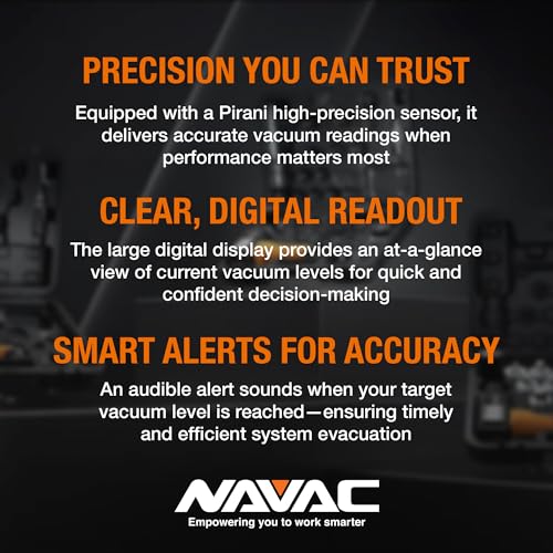 NAVAC NMV1S - Medidor de aspiradora de micras premium - Protección de alta presión - Medidor de aspiradora digital HVAC con alarma de nivel y advertencia de fugas, prueba de desintegración, gran