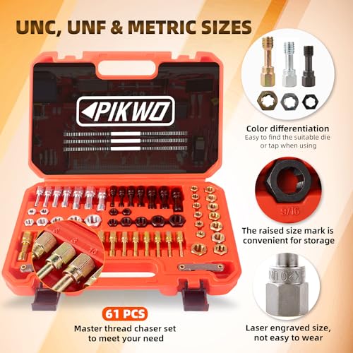 Juego de 61 piezas de restaurador de roscas, herramienta de reparación de reroscado, UNC UNF y juego de cazadores de hilos métricos con medidor de paso de rosca