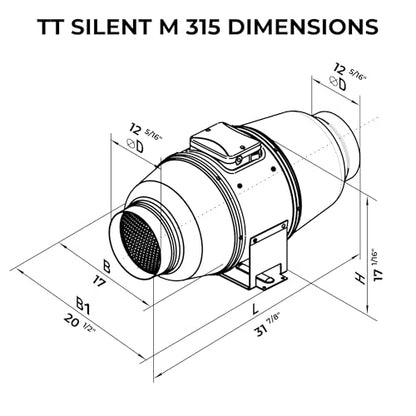 VENTS -US TT Silent M 315 Ventilador de conducto en línea para aplicación de alta presión estática de hasta 1050 CFM - Resistente a los rayos UV, carcasa de absorción de sonido, (diámetro de conducto