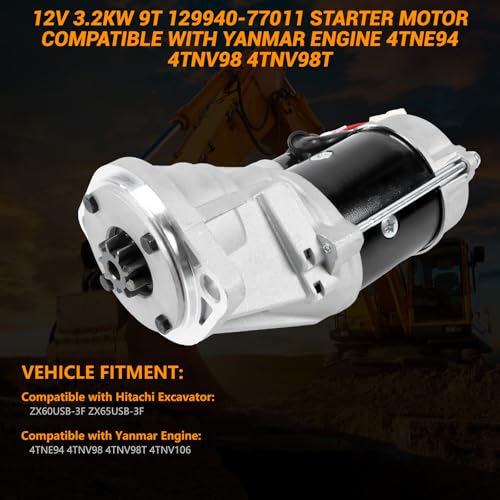 Motor de arranque de 12V 3.2KW 9T 129940-77010 129940-77011 S14-102 Piezas de repuesto de arranque compatibles con Hitachi Excavator ZX60USB-3F ZX65USB-3F para Yanmar Engine 4TNE94 4TNV98