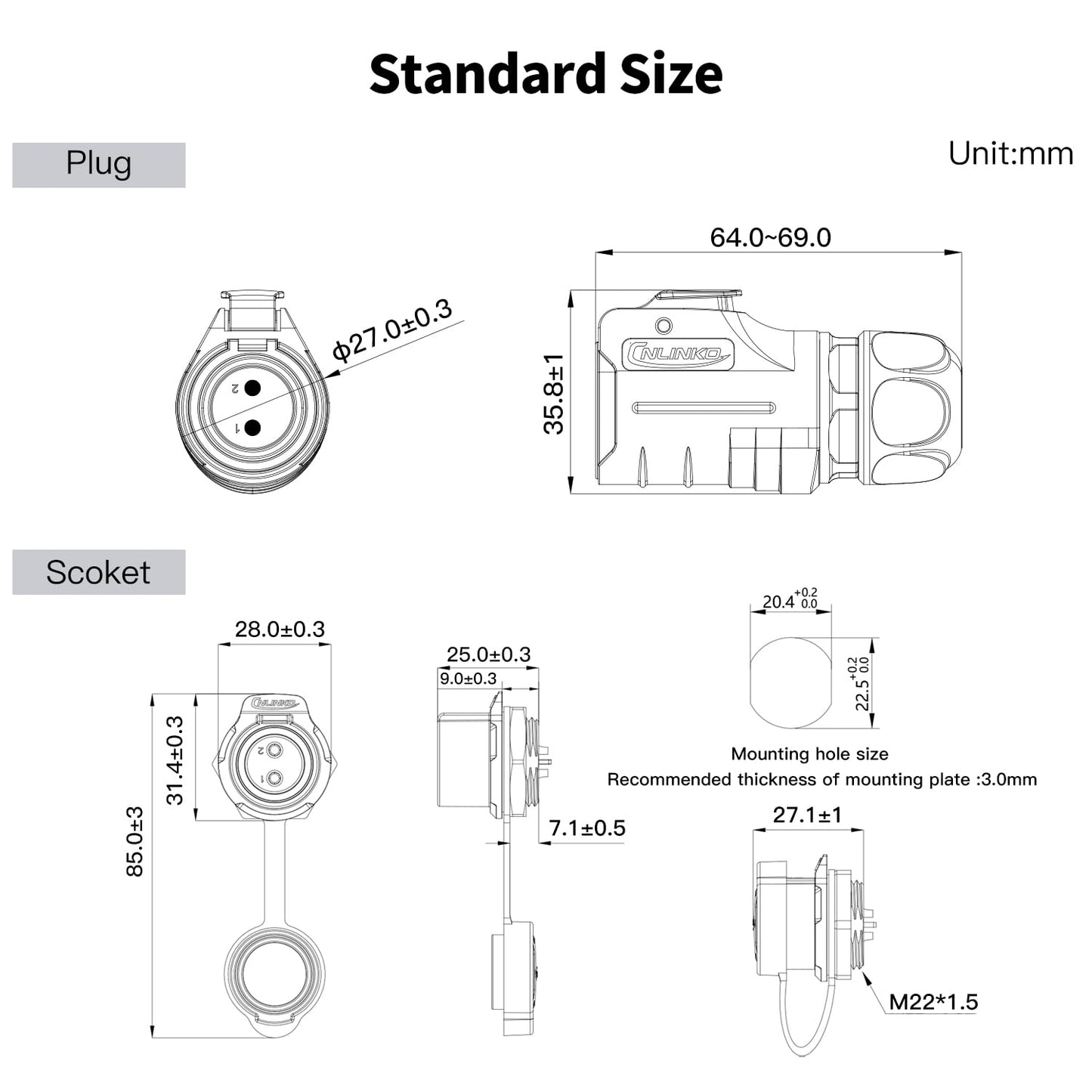 CNLINKO LP-20 2 Pin IP68 Conector impermeable M20 Macho Enchufe hembra Bloqueo rápido Conector circular de 2-12 pines para iluminación de escenario Cableado de panel solar (2 pines)