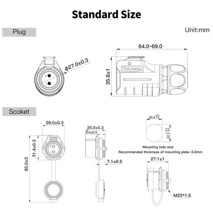 CNLINKO LP-20 2 Pin IP68 Conector impermeable M20 Macho Enchufe hembra Bloqueo rápido Conector circular de 2-12 pines para iluminación de escenario Cableado de panel solar (2 pines)