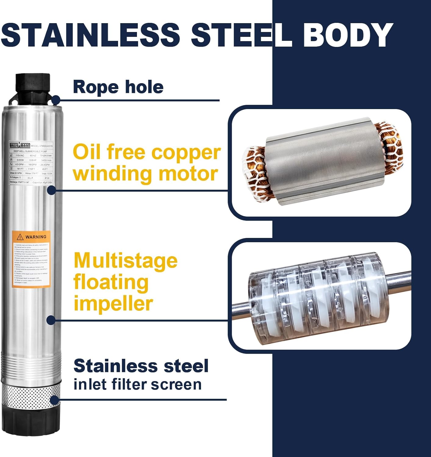 WASSERMANN Bomba séptica de 4 pulgadas con efluente sumergible/bomba de succión inferior de cisterna con cable de 33 pies, 1/2HP, 115V/60HZ, 26GPM, cabeza de 138 pies, bomba de pozo profundo de acero