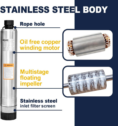 WASSERMANN Bomba séptica de 4 pulgadas con efluente sumergible/bomba de succión inferior de cisterna con cable de 33 pies, 1/2HP, 115V/60HZ, 26GPM, cabeza de 138 pies, bomba de pozo profundo de acero