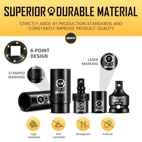 BOEN Juego de llaves de impacto de 1/2 pulgada, 72 piezas estándar SAE (5/16"-1-1/4") y métrico (0.315-0.945 in), kit profundo y poco profundo | Incluye mango de trinquete y adaptadores | Barra de