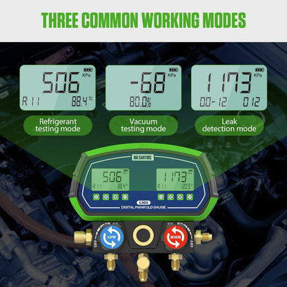 MR CARTOOL L302 - Juego de medidores digitales de 2 válvulas, sistemas refrigerantes HVAC, herramienta de comprobador de presión de fugas con 3 mangueras para aire acondicionado, refrigeración y
