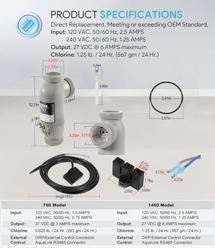 R0452400 PLC1400 Kit de celdas de sal de 3 puertos de repuesto para Zodiac Jandy AquaPure 1400 PureLink APURE1400 Sistema de purificación de agua con cable de alimentación CC de 16 pies R0402800 y 3