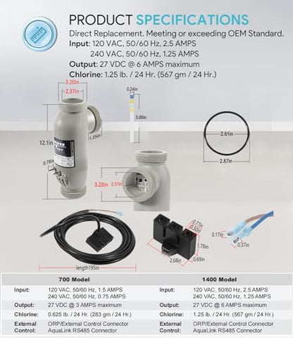 R0452400 PLC1400 Kit de celdas de sal de 3 puertos de repuesto para Zodiac Jandy AquaPure 1400 PureLink APURE1400 Sistema de purificación de agua con cable de alimentación CC de 16 pies R0402800 y 3
