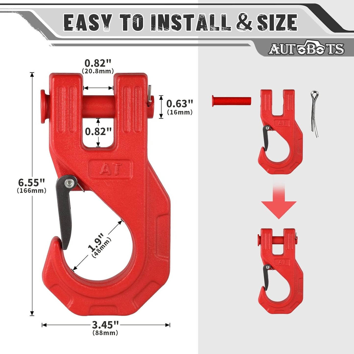 AUTOBOTS Gancho de cabrestante de 3/8 pulgadas, resistente, máximo 20 toneladas (45,000 libras), gancho de cabrestante ATV de acero forjado con pestillo de seguridad, gancho deslizante para