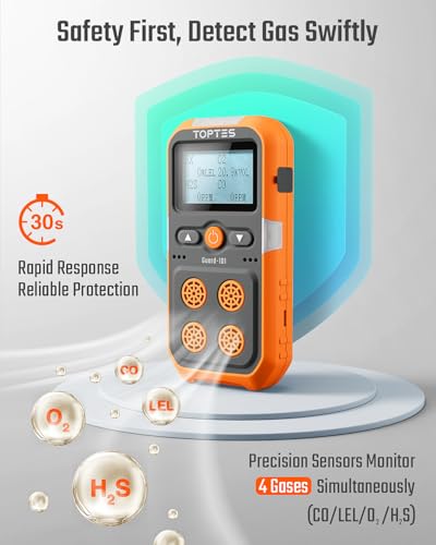 Guard-101 y PT520A+ - Detector de gas, 4 monitores de gas para H2S, CO, LEL, O2 + detector de fugas de gas recargable con sonda de 17 pulgadas para el hogar y el trabajo, incluye batería de