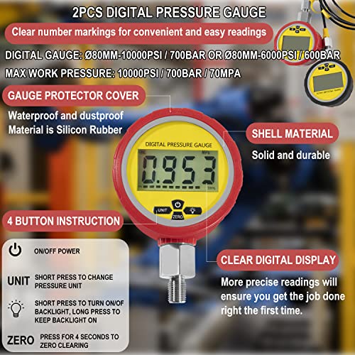 HIHITOMORROW H-464613 Kit de comprobación de presión hidráulica 70M, con medidores de presión digital 10000PSI/70MPa, 11 acoplamientos, 2 mangueras de prueba, kit de acoplamiento de probador hidráulico para sistemas