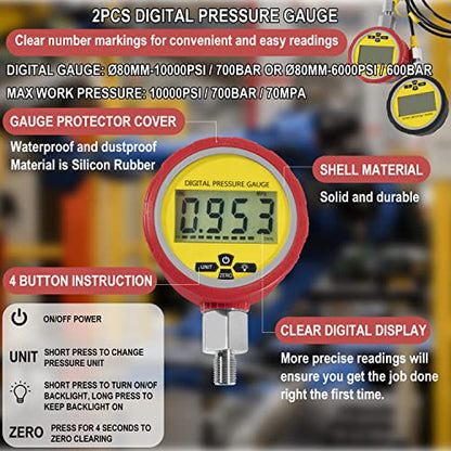 HIHITOMORROW H-464613 Kit de comprobación de presión hidráulica 70M, con medidores de presión digital 10000PSI/70MPa, 11 acoplamientos, 2 mangueras de prueba, kit de acoplamiento de probador hidráulico para sistemas