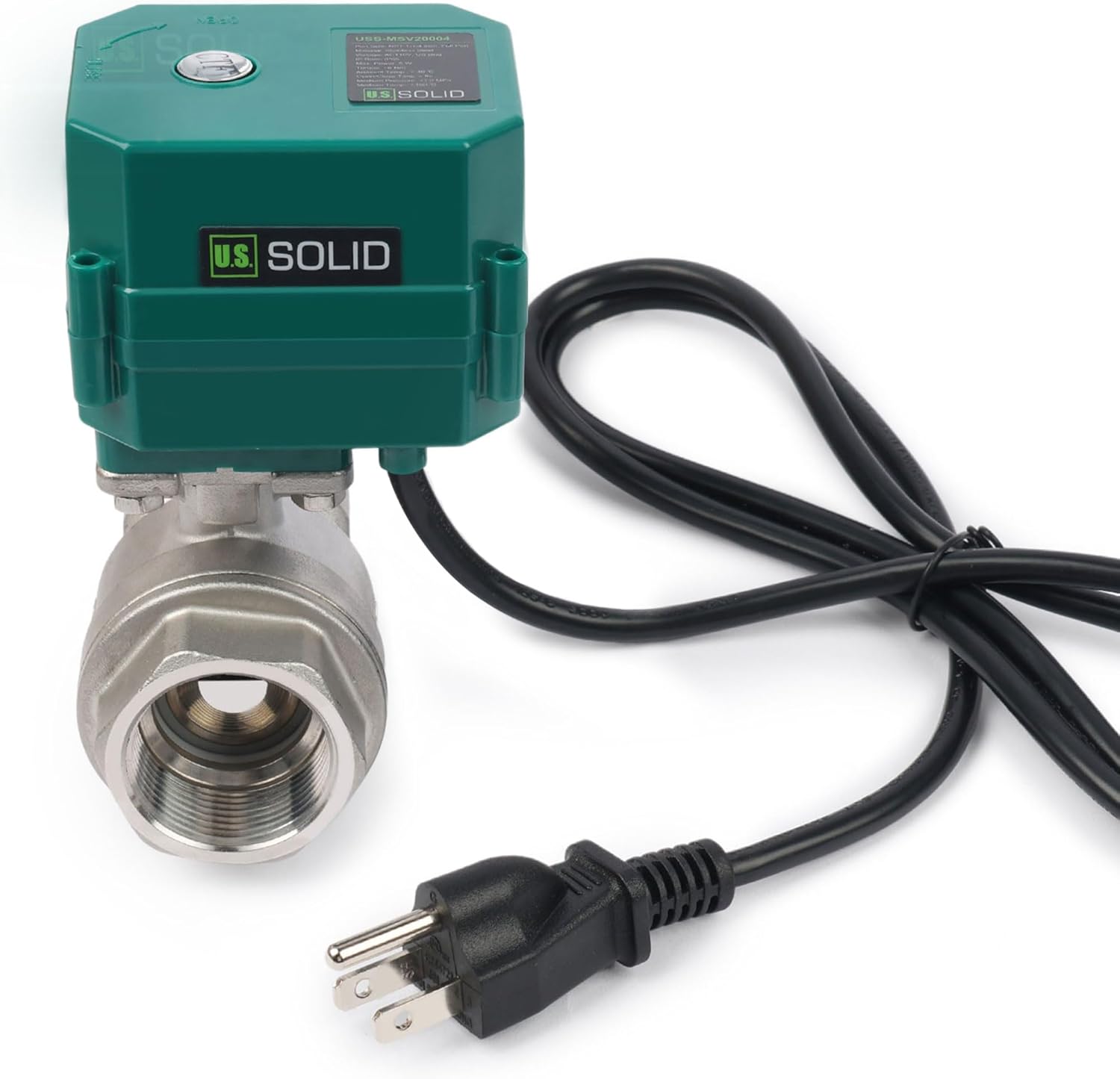U.S. SOLID Válvula de bola motorizada sólida estadounidense de 1-1/4", 110 V CA, acero inoxidable, retorno automático, normalmente cerrada, con enchufe estadounidense JFMSV20004