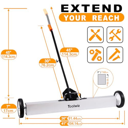 Toolwiz Barredora magnética de con ruedas, capacidad de 50 libras, barredora magnética de piso con mango de liberación, imanes industriales, recogida de metal resistente, 18"