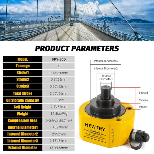 NEWTRY Gato hidráulico Ram Jack Cilindro hidráulico de 50 toneladas Perfil bajo Ram Jack Multisección 2.56 "Cilindro de elevación de carrera Mini, portátil para maquinaria, puente, construcción YX490