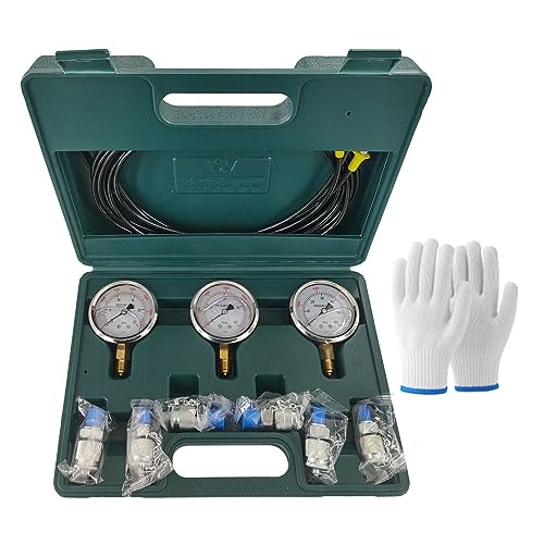 Shkalacar Kit de prueba de presión hidráulica, 25/40/60MPa 3 calibradores, 6 acoplamientos de prueba 3 mangueras de prueba para maquinaria de construcción de excavadoras naves minas, piezas de